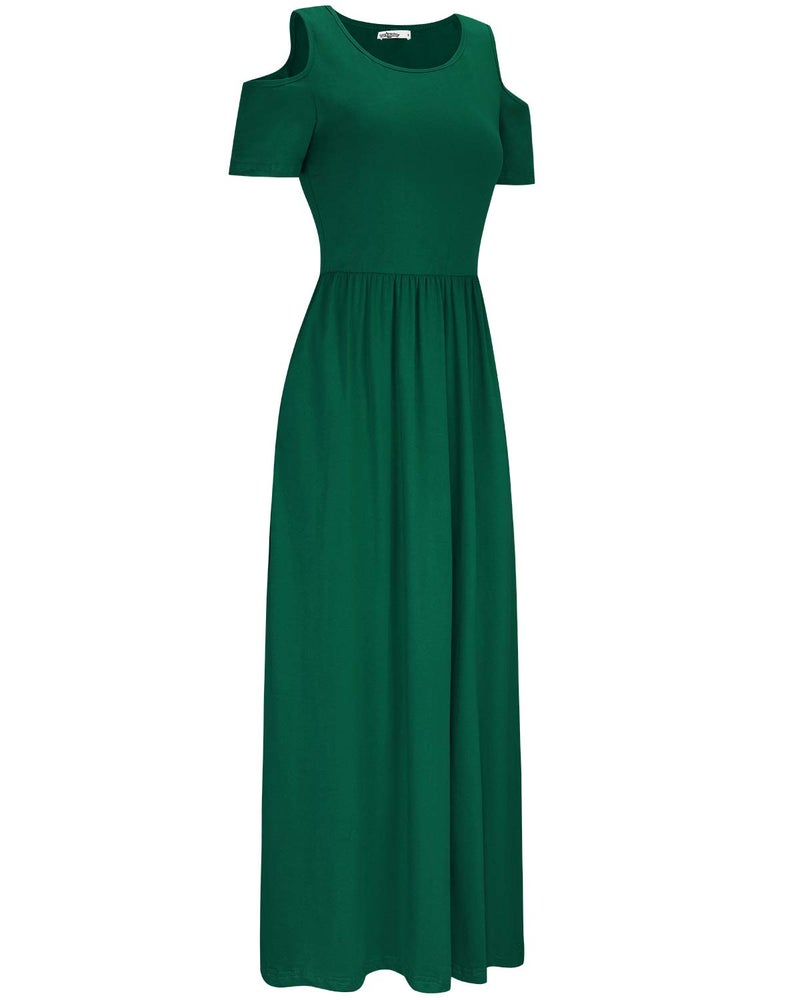 STYLEWORD Womens 2025 Green Cold Shoulder Short Sleeve Summer Casual Maxi Long Dress with Pocket(Green,L) - Image 3
